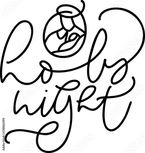 O Holy night line calligraphy text and Christmas Vector Scene Nativity of baby Jesus with Joseph. Minimalist art line drawing, print for clothes and logo design