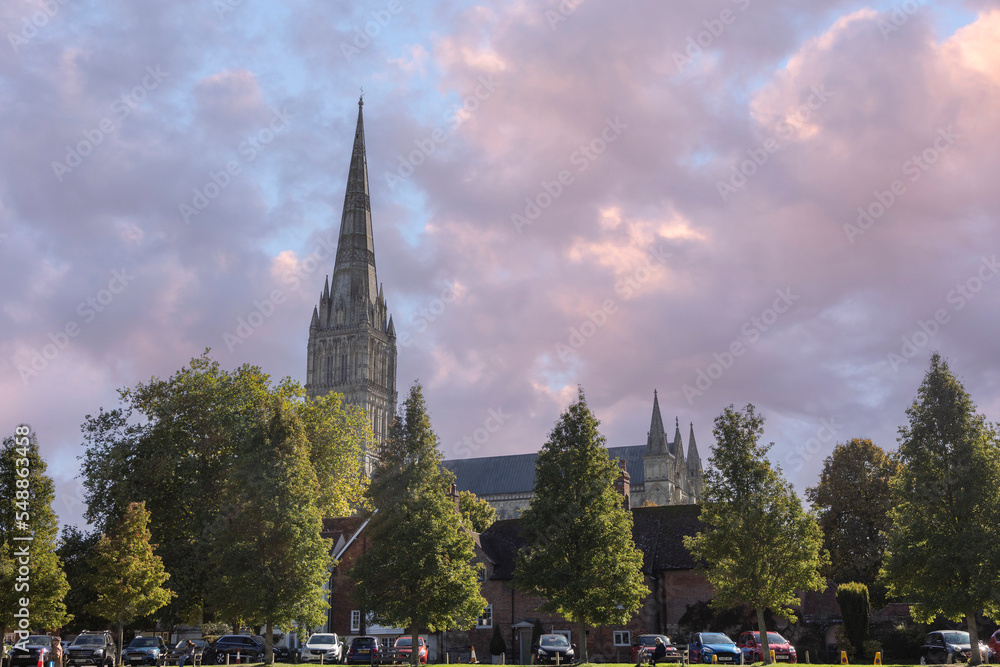 Salisbury Wiltshire, uk, 10, October, 2022 Salisbury cathedral at dusk with a vibrant sky
