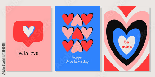 Valentine's Day greeting card set. Hand drawn trendy cartoon heart, love lettering. Vector illustration
