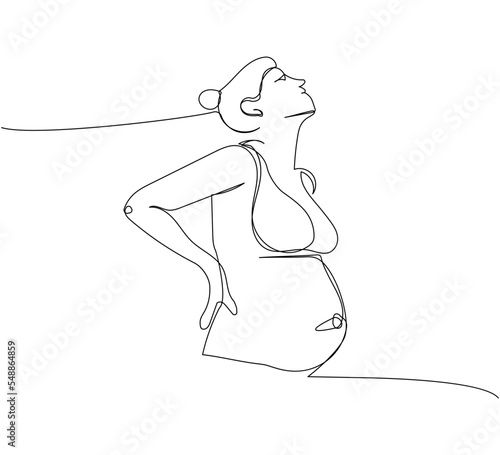 Pregnant woman, hands on the lower back one line art. Continuous line drawing of pregnancy, motherhood, preparation for childbirth, pregnancy pain, late pregnancy.