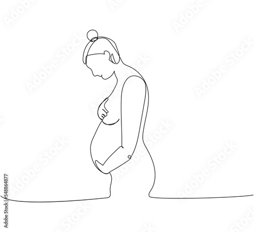 Pregnant woman holding her belly one line art. Continuous line drawing of pregnancy, motherhood, preparation for childbirth, preparation for motherhood, tenderness.