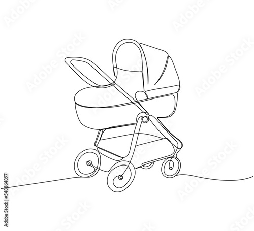 Modern baby stroller one line art. Continuous line drawing of childhood, safety, protection, transportation, personal, classic style, for winter.