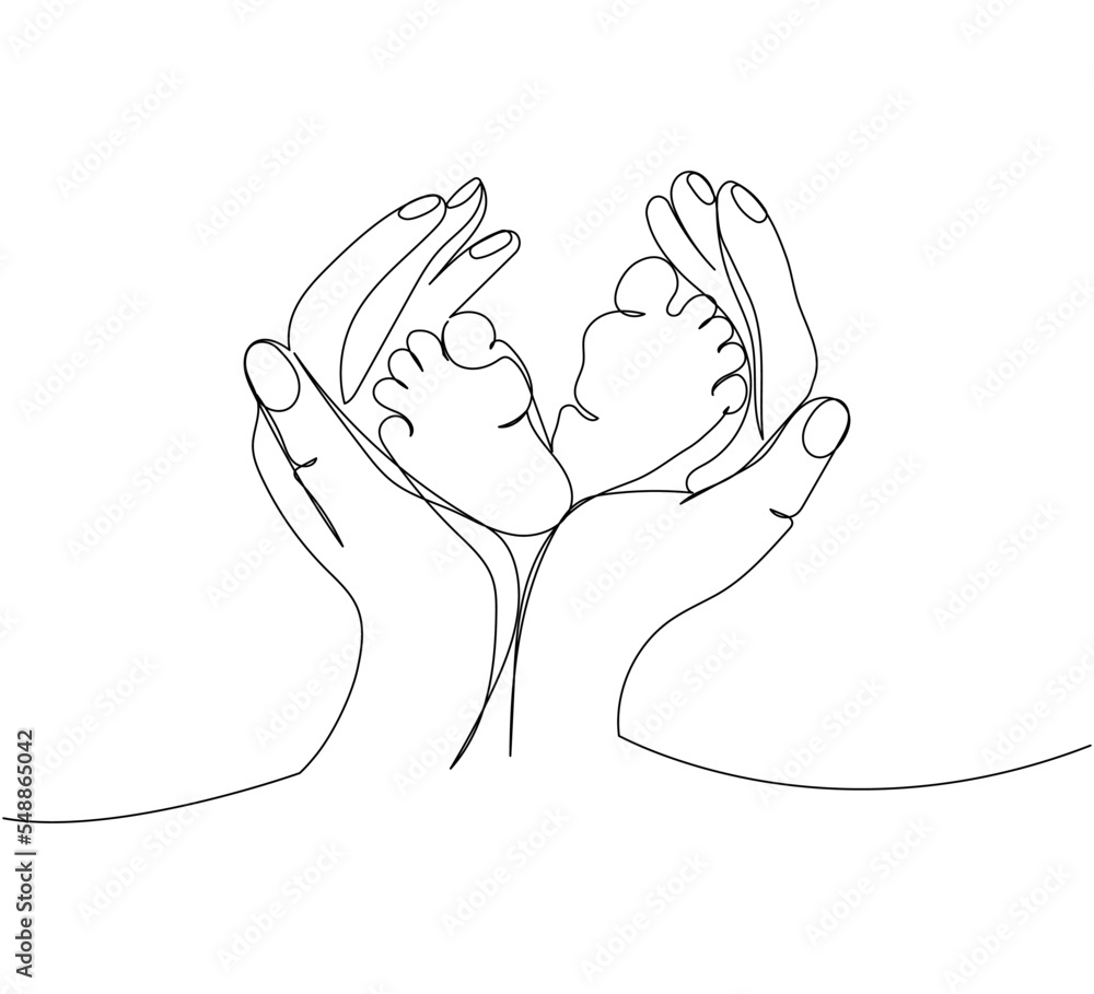 Fototapeta premium Mom s hands hold the legs of a newborn one line art. Continuous line drawing of motherhood, family, endless love, child, mother s day, baby feet, tenderness.