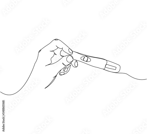 Woman holding a pregnancy test in her left hand one line art. Continuous line drawing of pregnancy, testing, analysis, ovulation, happy news, positive result, child, motherhood.