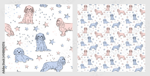 Pattern design with funny Cavalier spaniel dogs doodles, seamless pattern. T-shirt textile, wrapping paper, blue background graphic design. Wallpaper for Baby and kids. Blue and Pink linen style.