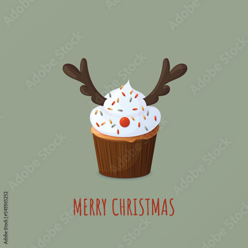 Christmas card with cupcake white cream and chocolate reindeer antlers