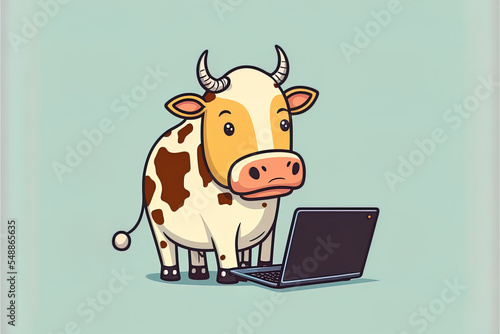 Cute Cow Working On Laptop Cartoon 2D Illustrated Icon Illustration. Animal Technology Icon Concept Isolated Premium 2D Illustrated. Flat Cartoon Style