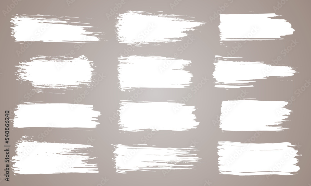 Paint brush. White ink grunge brush strokes. Vector paintbrush set. Grunge design elements. Painted ink stripes. Creative isolated spots. Ink smudge abstract shape stains and smear set