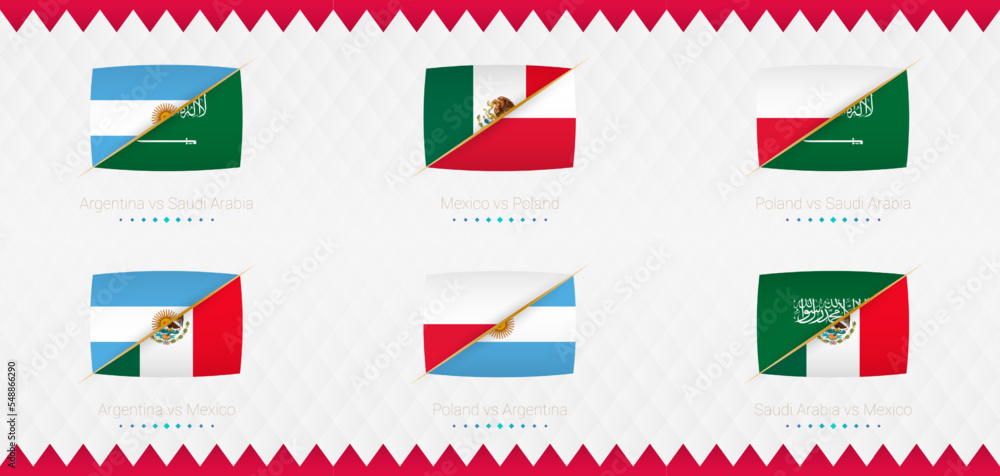 A set of Group C match icons of the 2022 international soccer tournament, the flag and a set of match icons on an abstract background. A set of Group C match icons of the 2022 international soccer tournament, the flag and a set of match icons on an abstract background.
