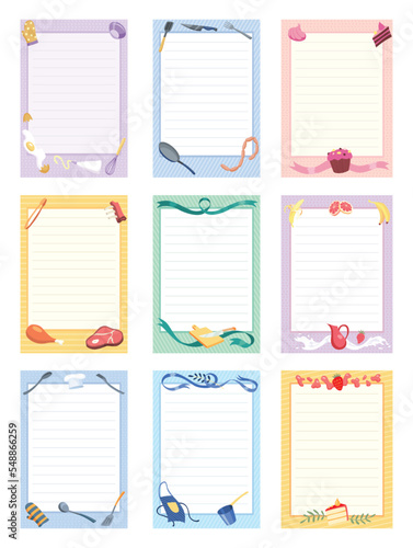 Recipe cards set. Cooking card template. Culinary notes and sticker with cute kitchen utensils