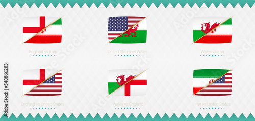 A set of Group B match icons of the 2022 international soccer tournament, the flag and a set of match icons on an abstract background.