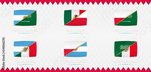 A set of Group C match icons of the 2022 international soccer tournament, the flag and a set of match icons on an abstract background.