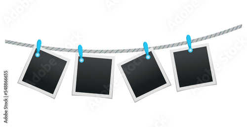 Photo frames hanging on rope attached with clothes pins or clothespin. Blank instant photo card icons isolated on white background