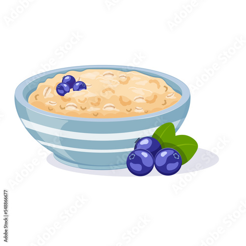Oatmeal in bowl with blueberries. Cereal breakfast with fruits. Vegetarian food vector illustration