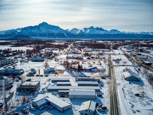 Aerial of downtown Palmer, Alaska