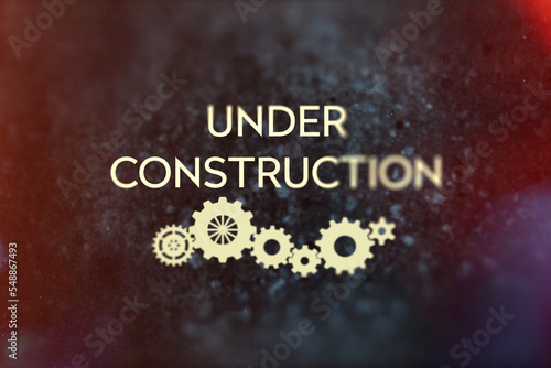 Under construction title, grunge style with grain and partial blur. Black and yellow color scheme with lens flare. Modern typography with gear wheels.