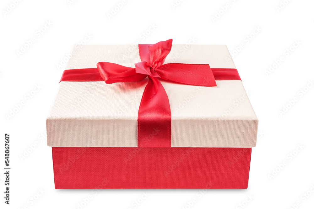 Red square gift box with a bow on a white isolated background Red square gift box with a bow on a white isolated background