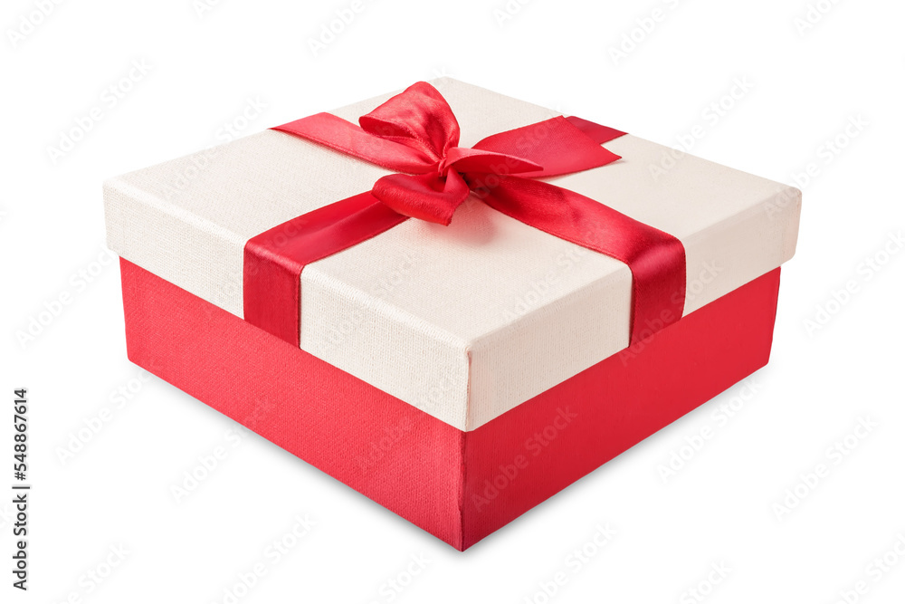 Obraz premium Red square gift box with a bow on a white isolated background