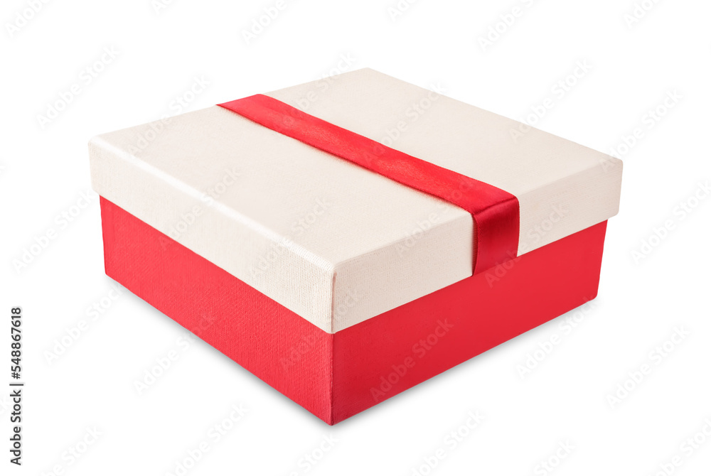 Red square gift box with a bow on a white isolated background Red square gift box with a bow on a white isolated background