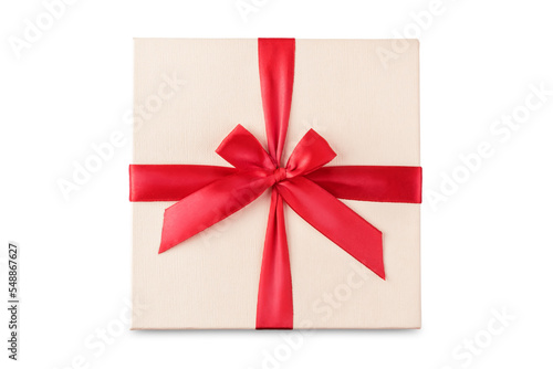 Red square gift box with a bow on a white isolated background