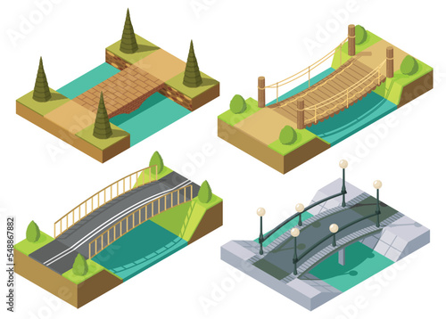 Bridge isometric set. 3d isolated drawing elements of modern urban infrastructure for games or applications. Bridge across the river with grass and tree, isometric icon. Element infographic