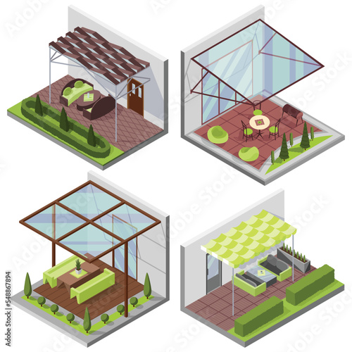 Set of inner courtyard isometric compositions with patio. House with private terrace with covering from above. Covered veranda for table place. Modern architecture