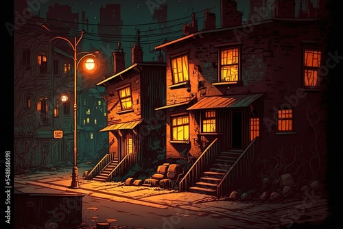 Ghetto Street At Night, Slum Houses, Old Buildings With Glow Windows And Graffiti On Walls. Dilapidated Dwellings Stand On Roadside With Lamps, Fire Hydrants, Litter Bins Cartoon 2D Illustrated photo