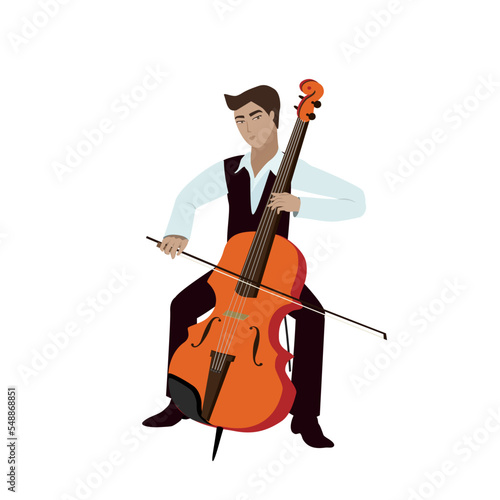A young man plays the cello. Cellist, musician on a white background.