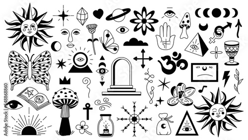 Magic background in retro style with hand drawn elements. Decorative mystical vector isolated pattern. editable stroke stickers. Esoteric element in minimalism. Collection of occult symbols tattoo art