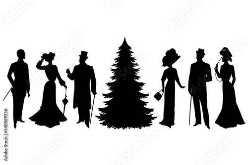 SVG Christmas tree vintage man woman silhouette. Retro fashion people