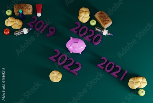 Basket of products in the time range from 2019 to 2022. The concept of inflation, problems with rising costs, less products for the same money. High cost of living. 3D rendering; 3D illustration.