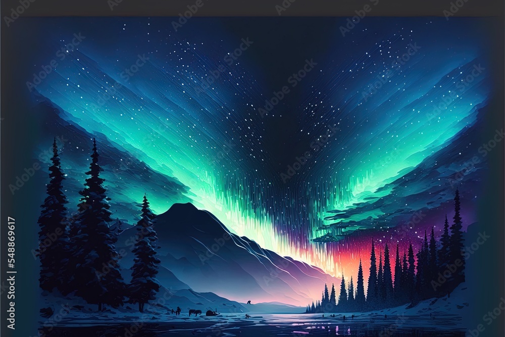 Aurora Borealis Northern Lights In Arctic Sky At Night 2D Illustrated Cartoon Illustration Of Winter Sky Wit...