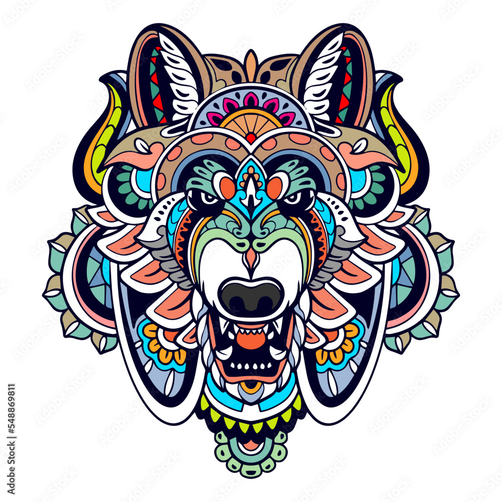 Colorful Wolf head mandala arts isolated on white background Colorful Wolf head mandala arts isolated on white background