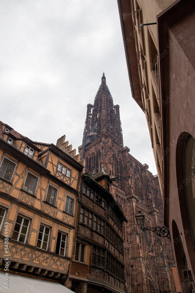 Obraz premium Cathedral in Strasbourg on a foggy day next to medieval houses