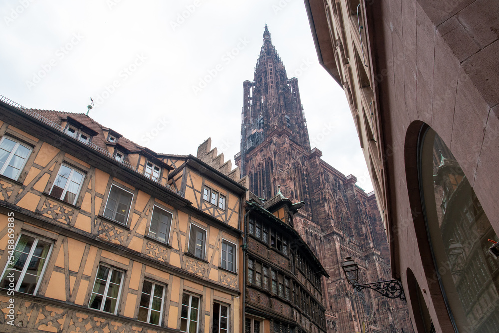 Cathedral in Strasbourg on a foggy day next to medieval houses