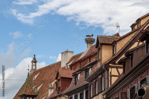 French village in the Alsace area with several Storks in a nest on a roof