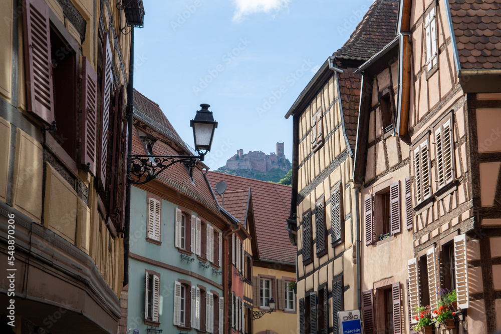 houses of a village in Alsace with a castle in the background and some green mountains.