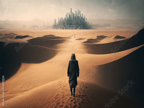 Persom walking through the desert towards futuristic skyscraper city photo