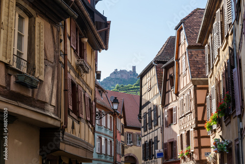 houses of a village in Alsace with a castle in the background and some green mountains. © Rafael Prendes