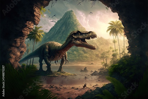 Isolated Prehistoric Forest With Dinosaur