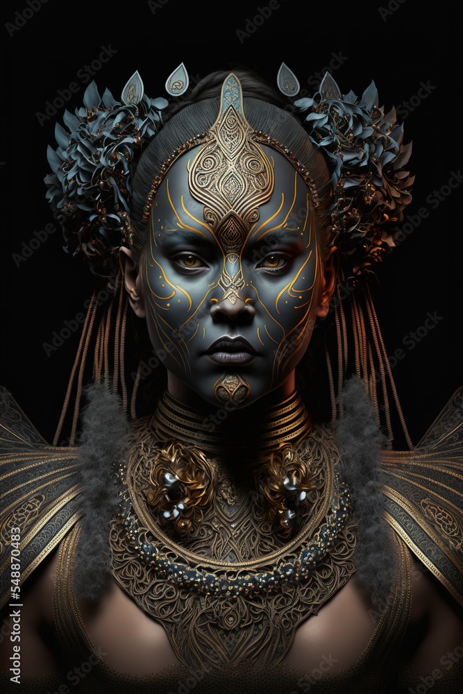 Epic ornate goddess sculpture character design. 3d render. Isolated on black background.