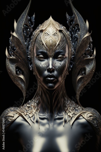 Epic ornate goddess sculpture character design. 3d render. Isolated on black background.