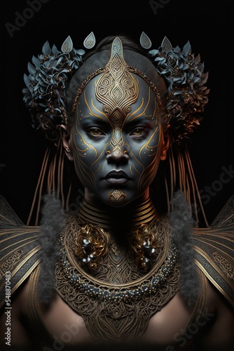 Epic ornate goddess sculpture character design. 3d render. Isolated on black background. © Henry Letham