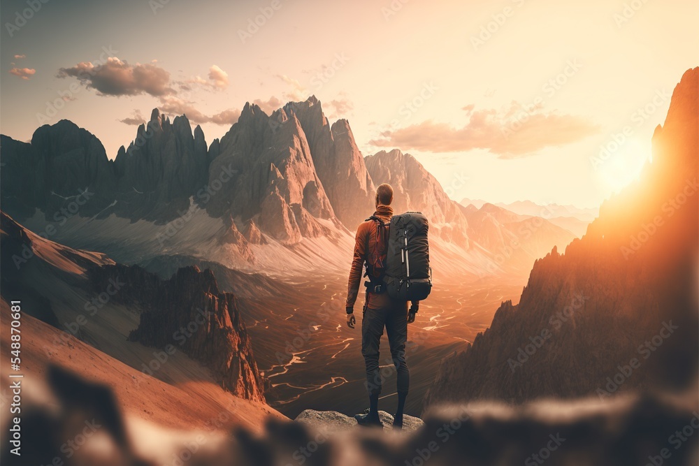 Hiker in the mountains illustration. Amazing view for backpacking.