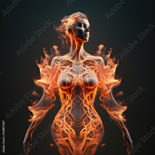 Fire goddess. Beautiful female deity burning with flames. 