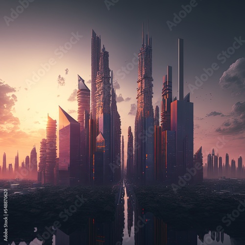 Futuristic cityscapce. Skyscraper city in the future. 3d render architecture design.