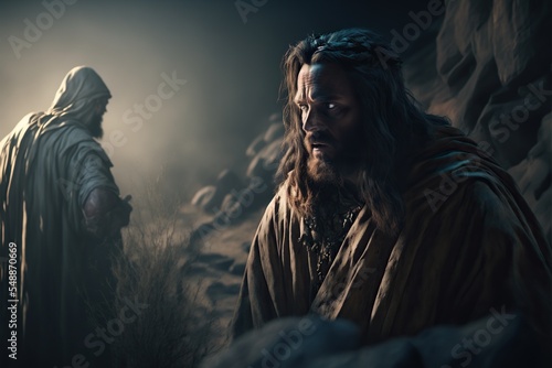 Jesus Christ in the desert. Bible stories concept. Digital painting. photo