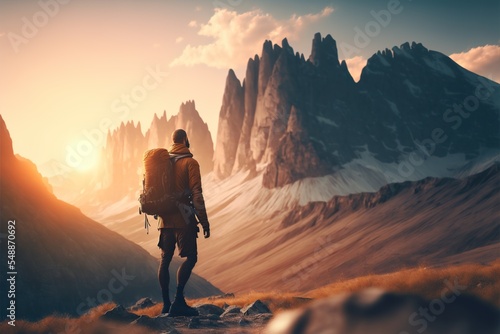 Hiker in the mountains illustration. Amazing view for backpacking.