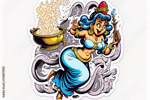 Genie Lady Coming Out Of Magic Lamp Cartoon Character Sticker