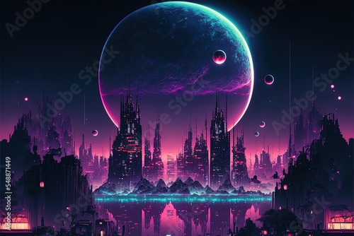 City Of Future At Night With Vibrant Neon Lights And Shining Spheres.